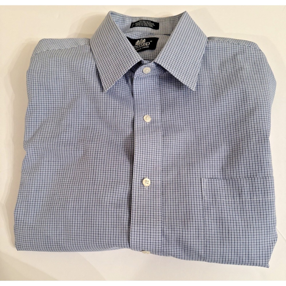 Stafford Mens Blue Micro Check Wrinkle Free Dress Shirt 17 36/37 Long Sleeve